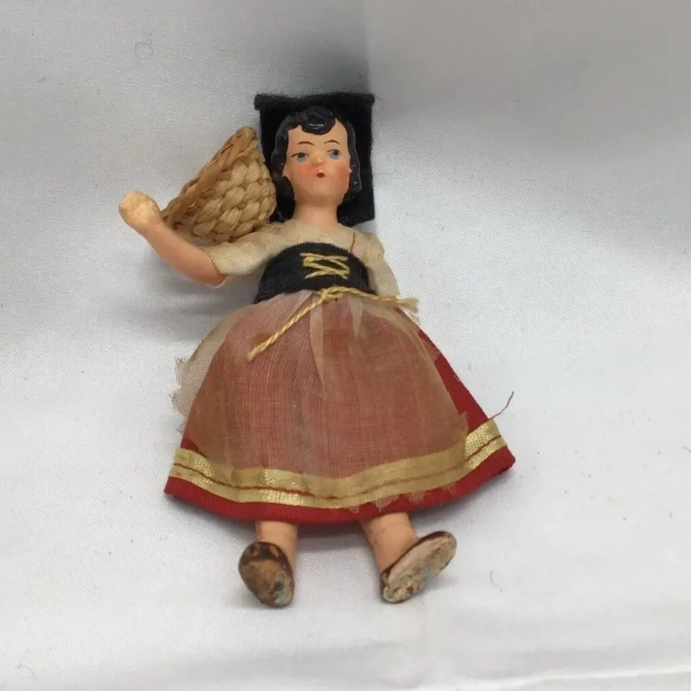 Vintage 1940s Spanish Souvenir Miniature Doll 4 Inch Jointed Costume Dress